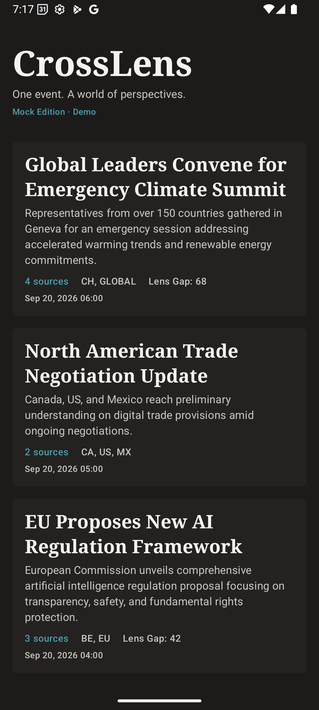 CrossLens home feed showing clustered global stories