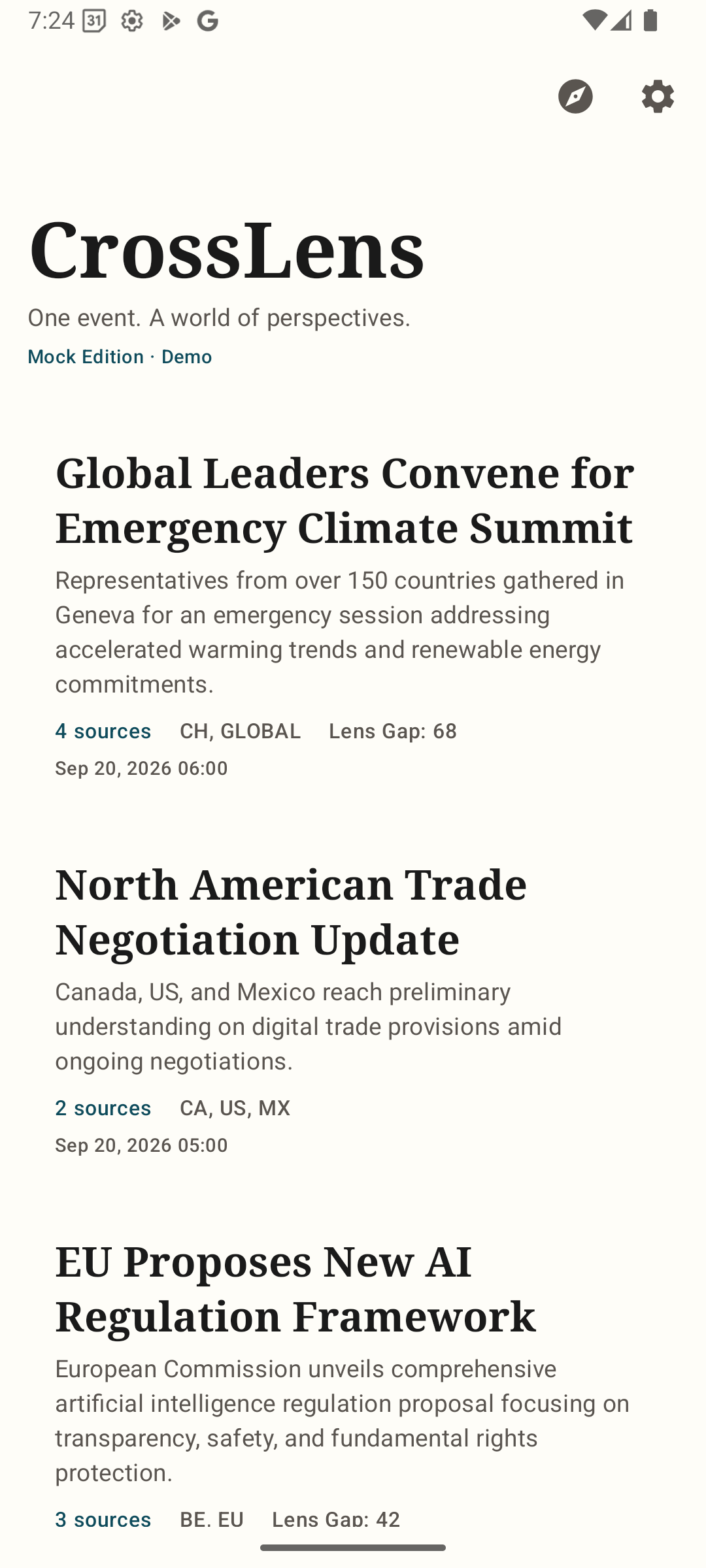 CrossLens home feed showing story clusters from multiple countries